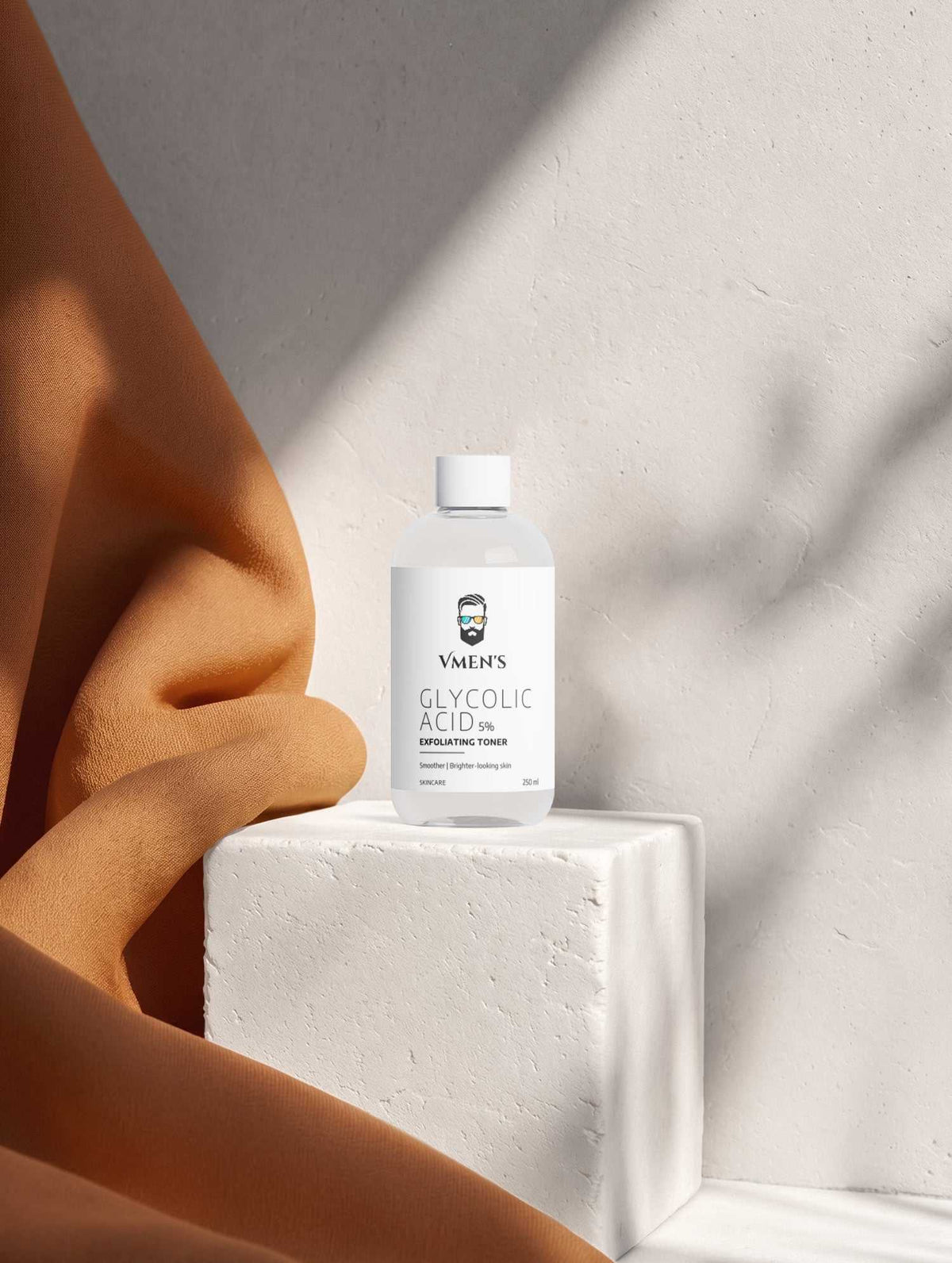 Glycolic Acid Liquid Exfoliator in a frosted clear bottle with white screw cap and minimalist VMEN&