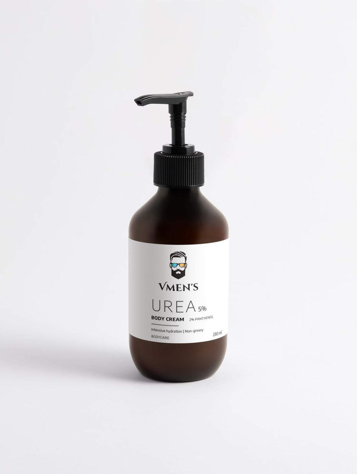Front view of VMEN’S 5% Hydroxyethyl Urea + 2% Panthenol Body Cream in a brown pump bottle.