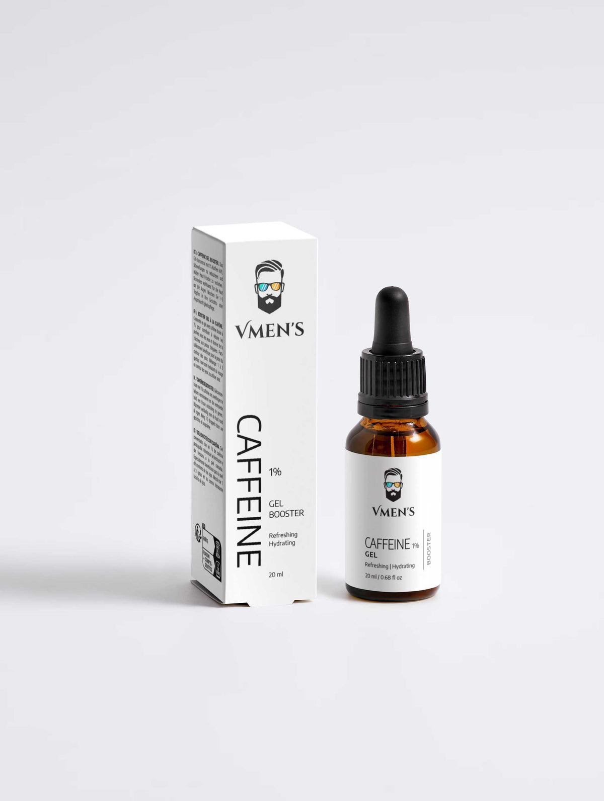 VMEN’S Caffeine Eye & Face Gel Booster for Men bottle and white carton, front view.