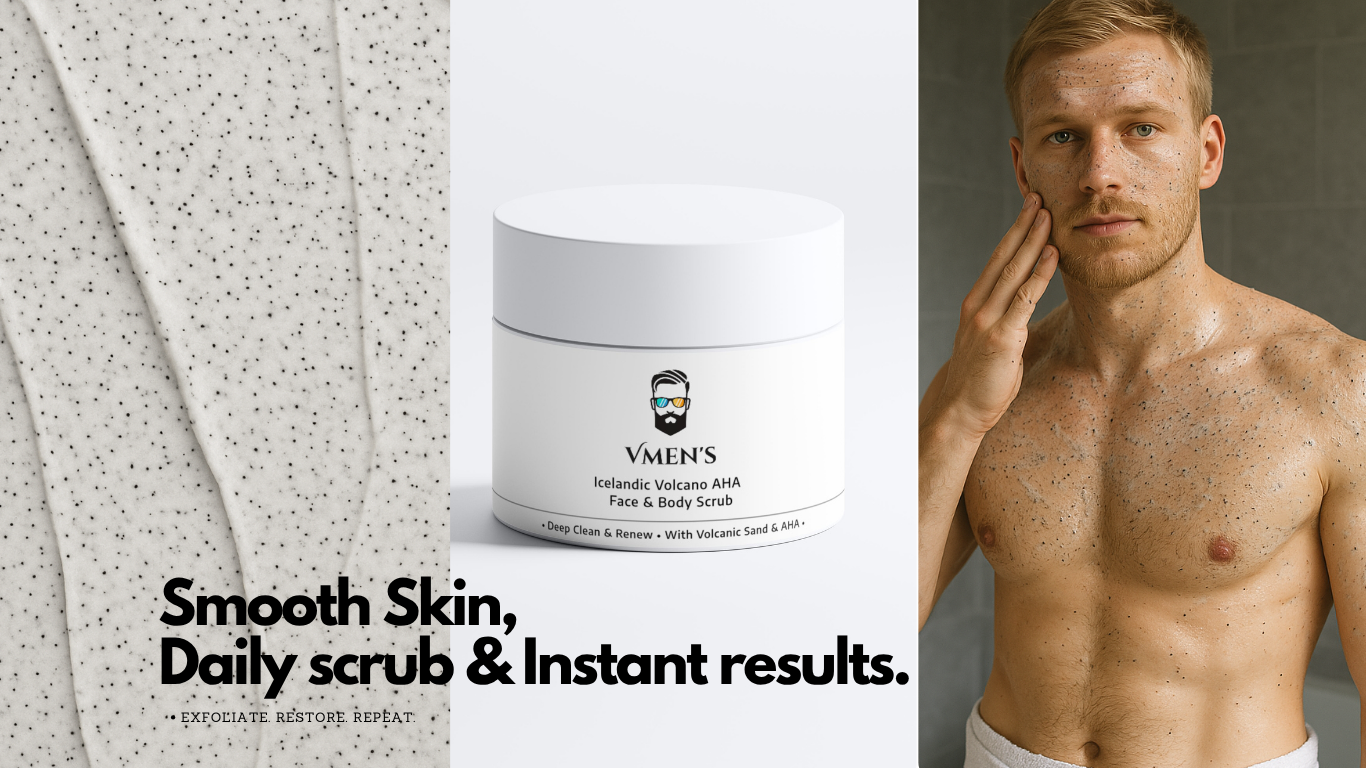 VMEN’S Icelandic Volcano AHA Face & Body Scrub – product jar displayed between close-up of exfoliating cream texture and a man applying the scrub to his face and torso