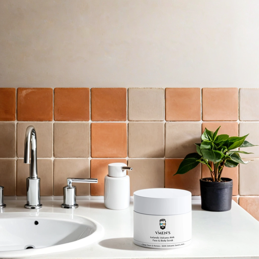VMEN’S scrub displayed next to sink and grooming items, showing bathroom