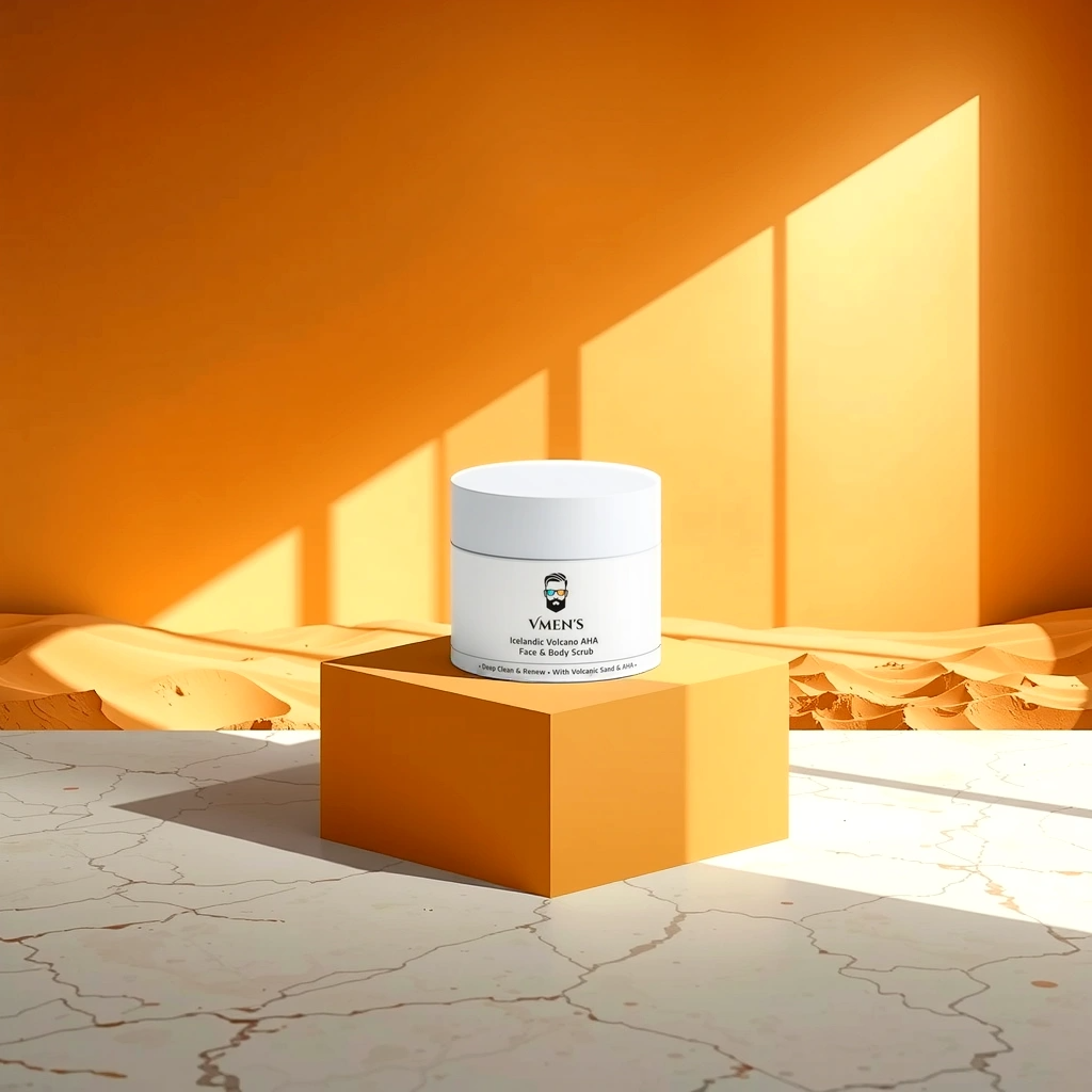 Bright product shot of VMEN’S scrub on a cube pedestal in a warm-toned, modern setting