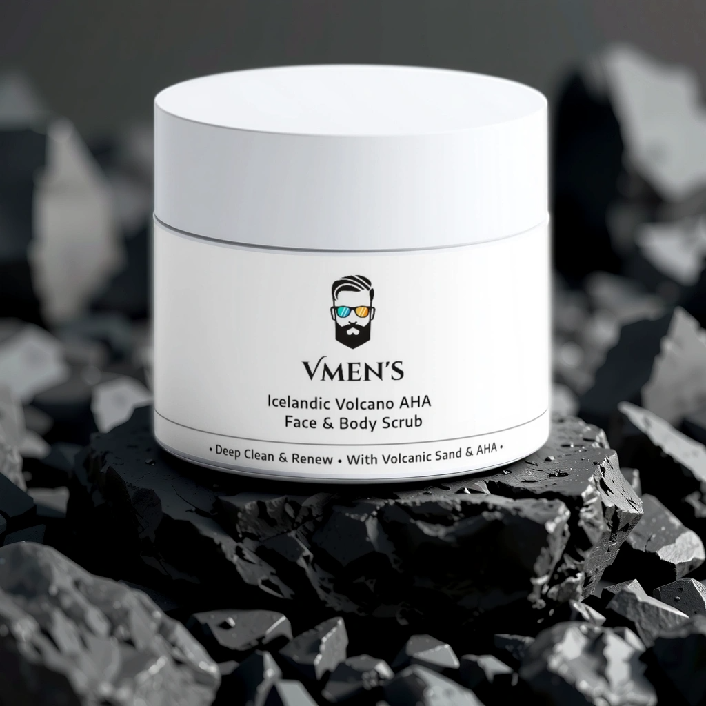 Product jar placed on volcanic rocks, highlighting natural exfoliating ingredients