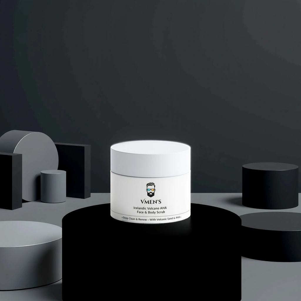 Stylish product presentation with VMEN’S scrub on dark reflective surface