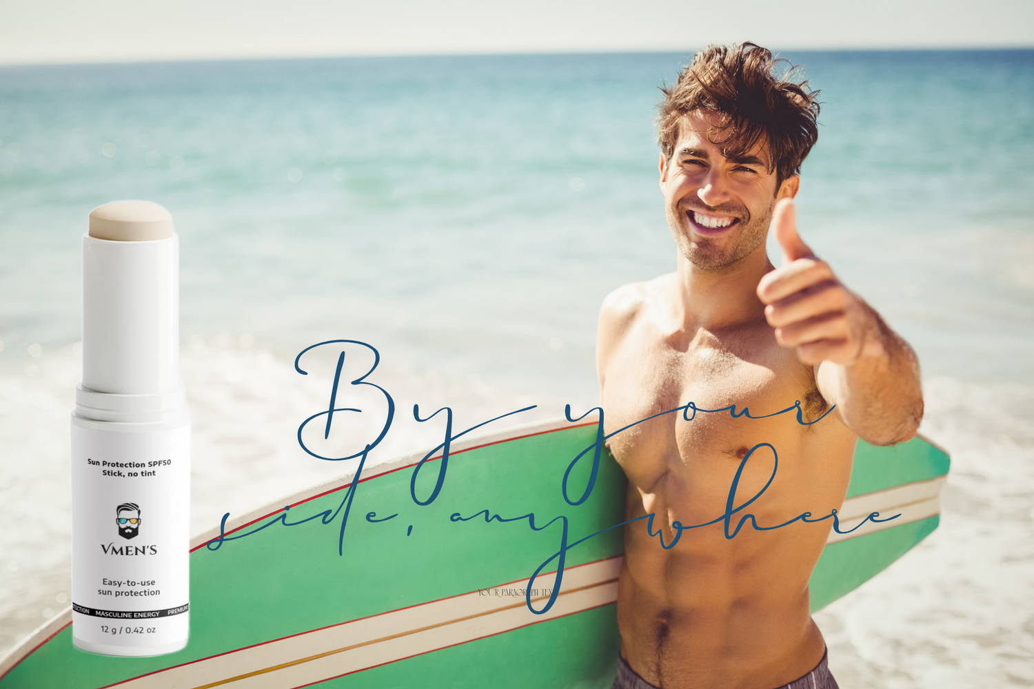 Surfer holding a board and VMEN’s SPF50 Stick by the beach – compact sun protection for men, perfect for travel and outdoors.