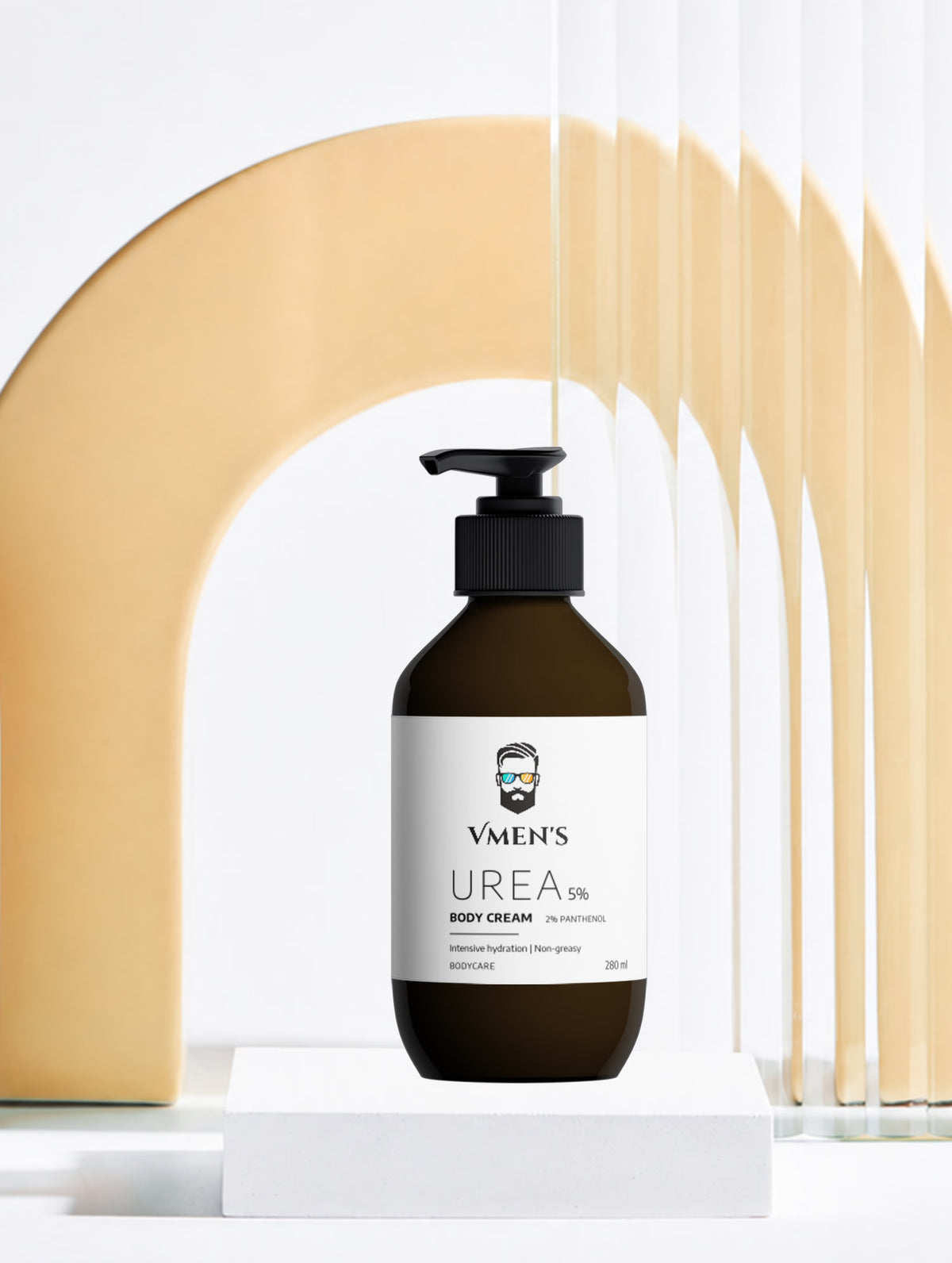 VMEN’S 5% Hydroxyethyl Urea + 2% Panthenol Body Cream on a white plinth beneath a golden arch.