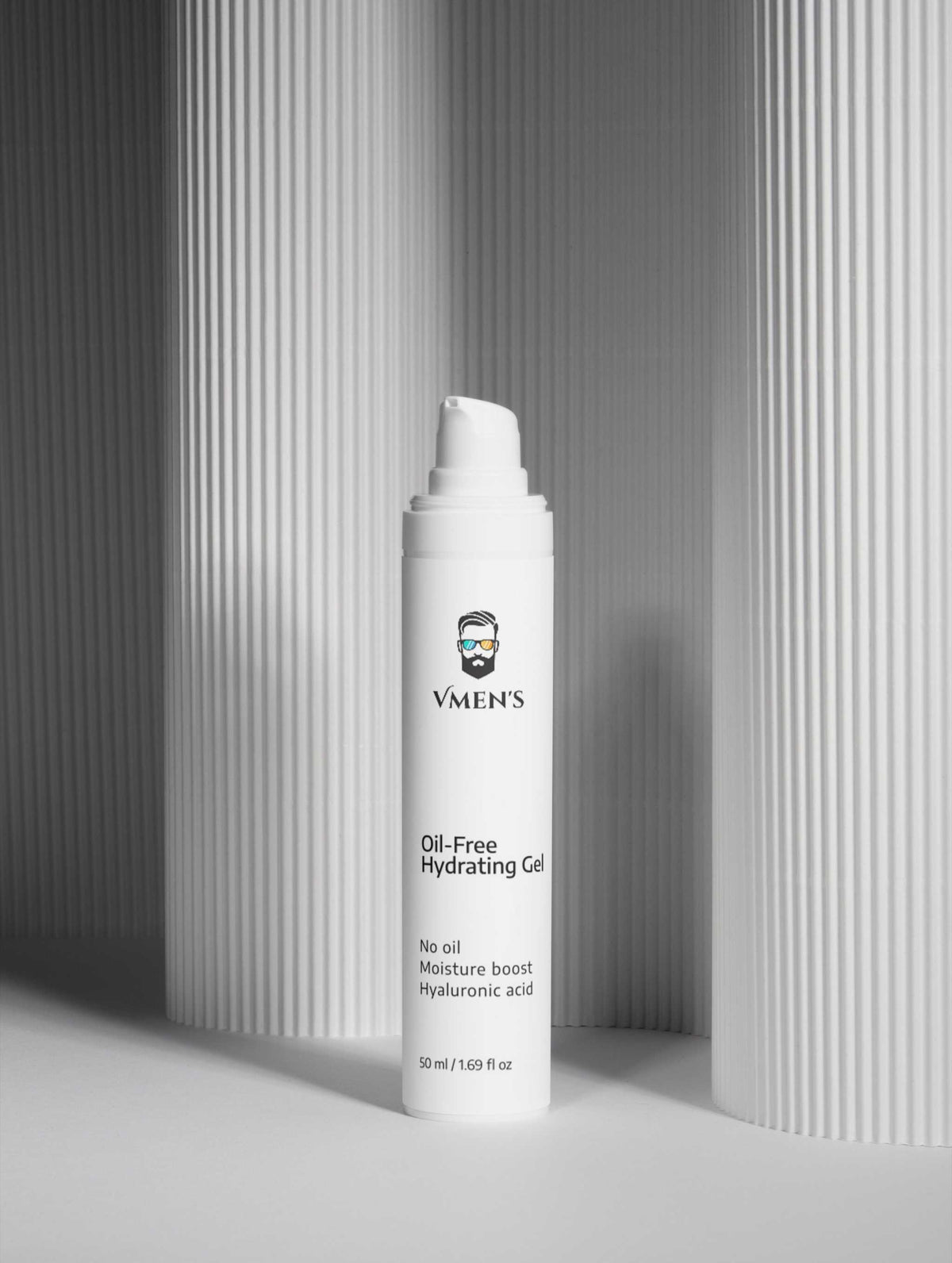 Oil-Free Hydrating Gel for Men in a white pump bottle with black text, displayed against a textured gray backdrop.