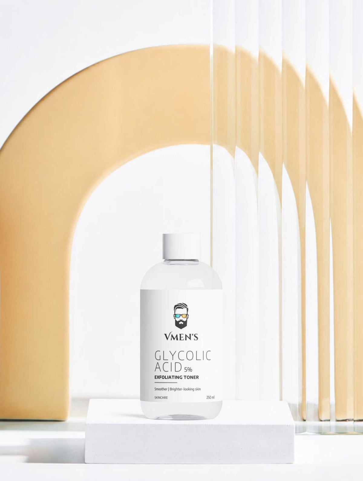 Glycolic Acid Liquid Exfoliator in a clear plastic bottle with white cap and minimalist VMEN&
