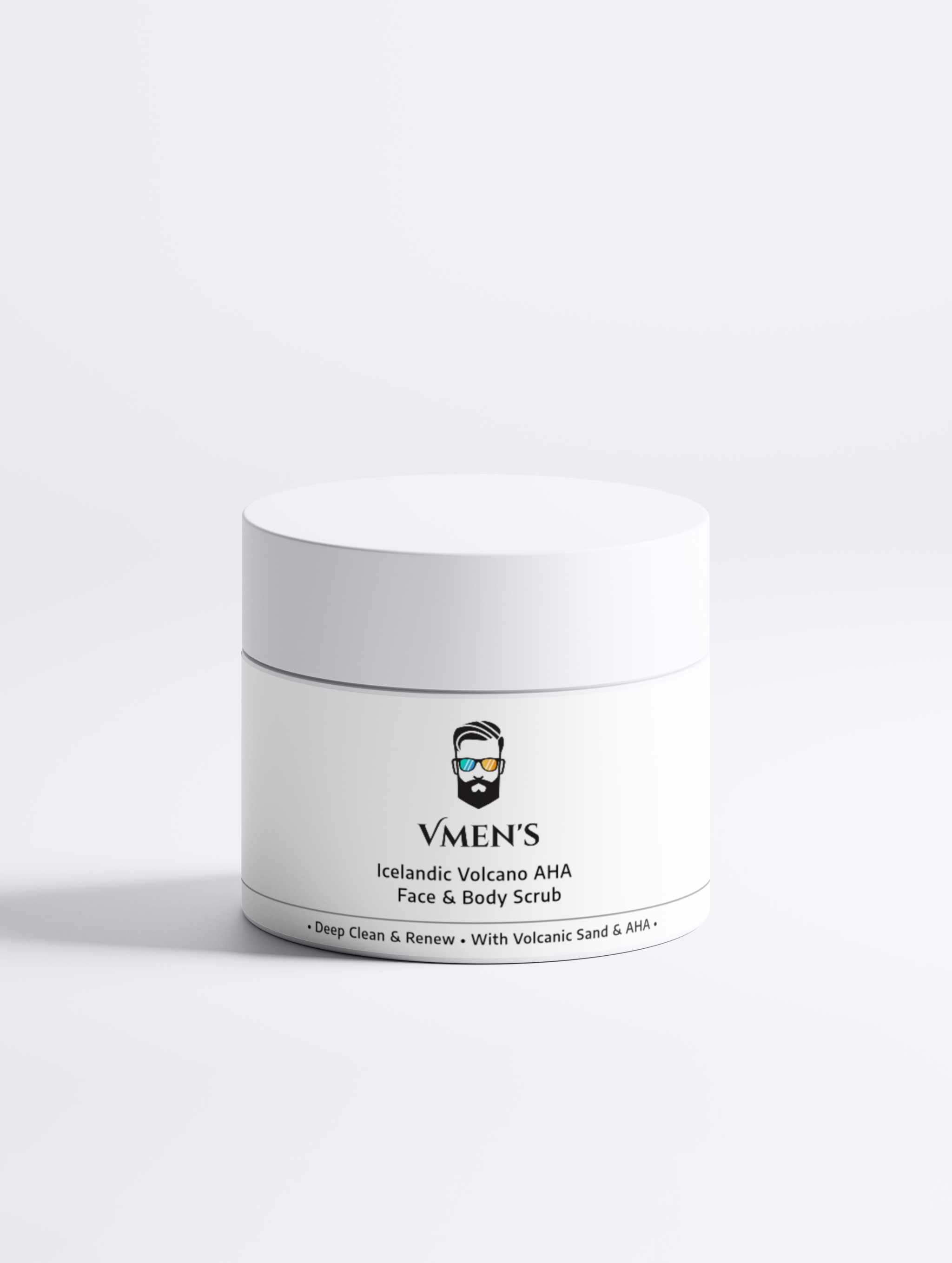 VMEN’S Icelandic Volcano AHA Face & Body Scrub – minimalist product shot on white background.