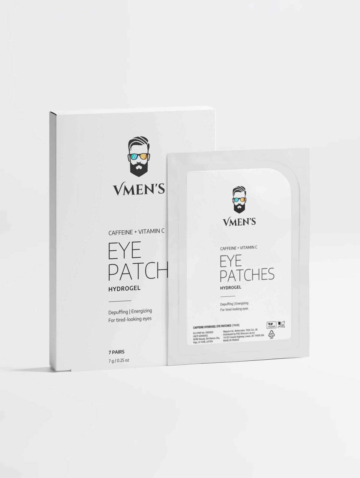 VMEN’S Caffeine + Vitamin C Hydrogel Eye Patches, seven-pair box and individual sachet, front view.