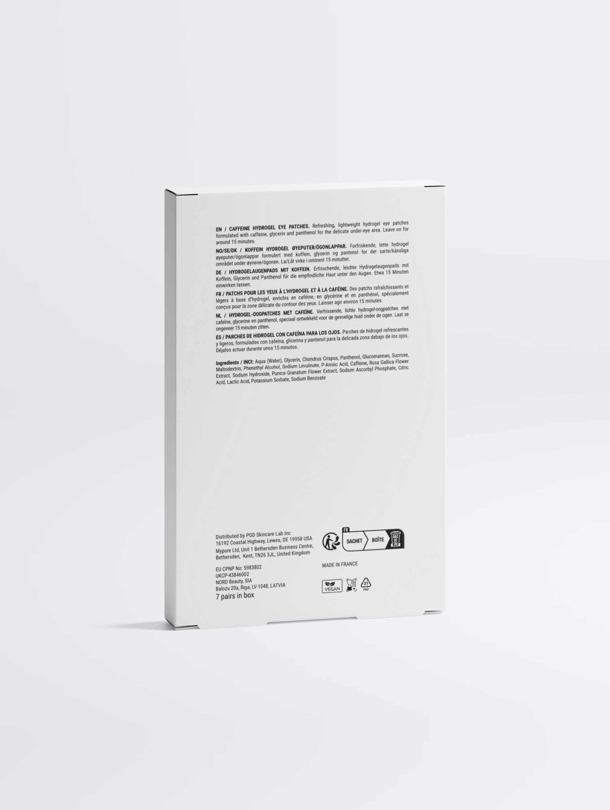 Back of the VMEN’S Caffeine + Vitamin C Hydrogel Eye Patches box showing directions and product information.