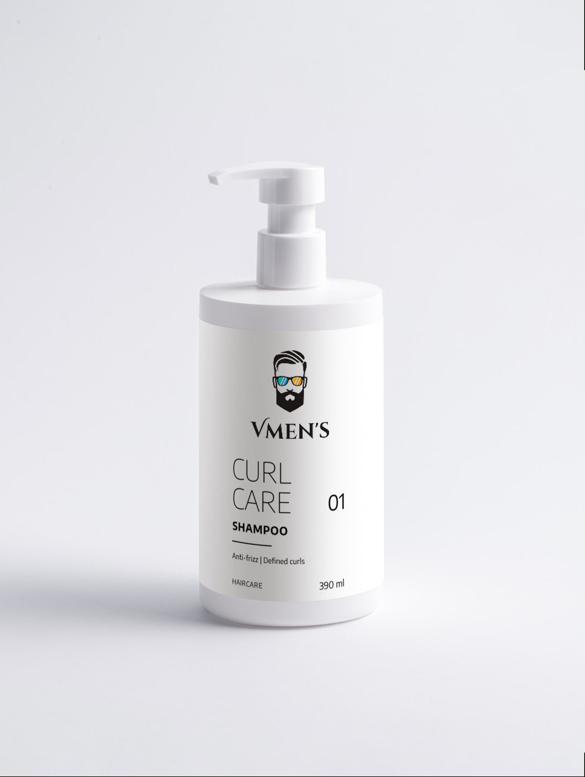 VMEN’S CURL CARE 01 Curly Hair Shampoo for Men, 390 ml white pump bottle, front view.