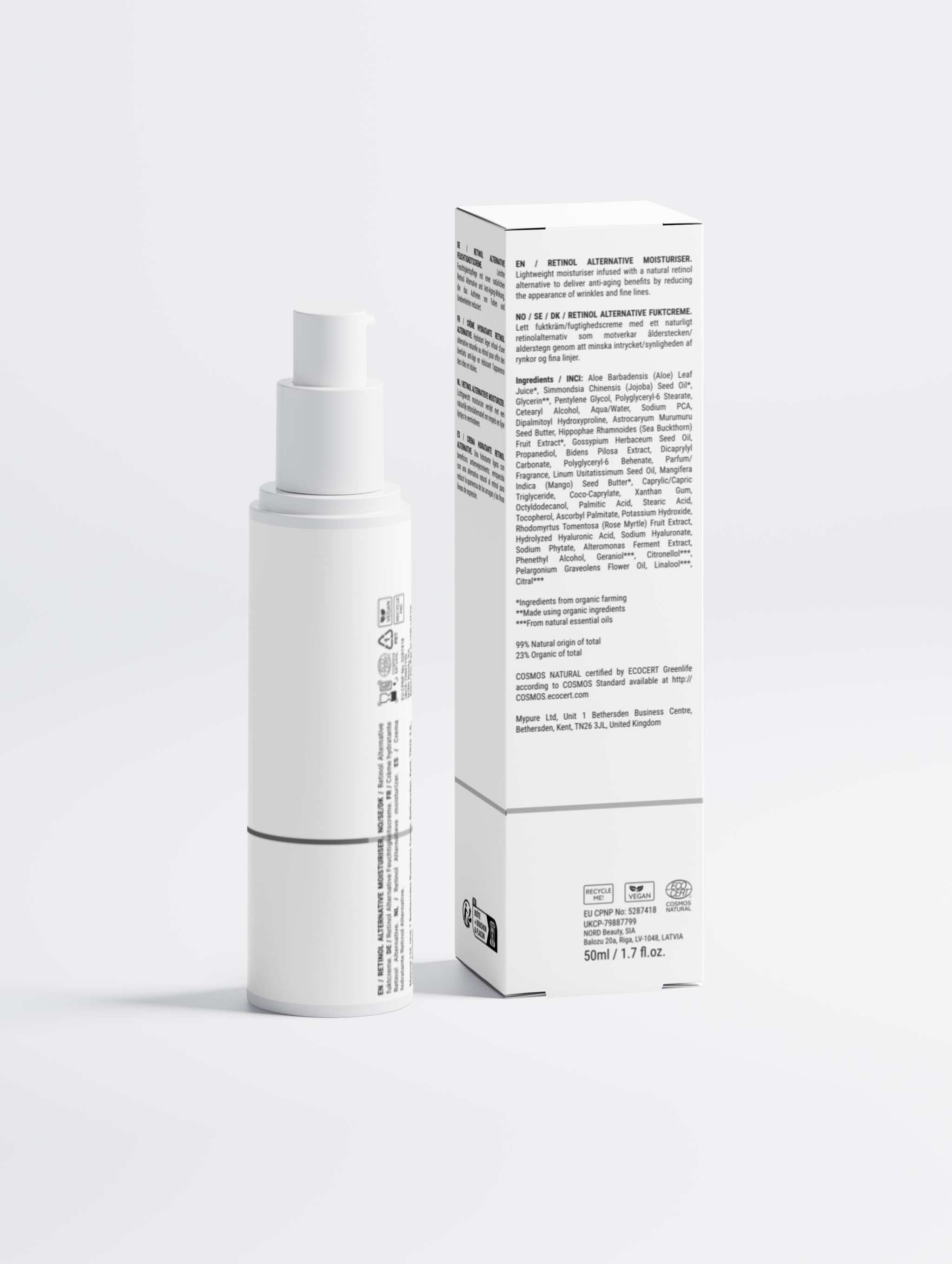 White skincare bottle and box on a light gray background