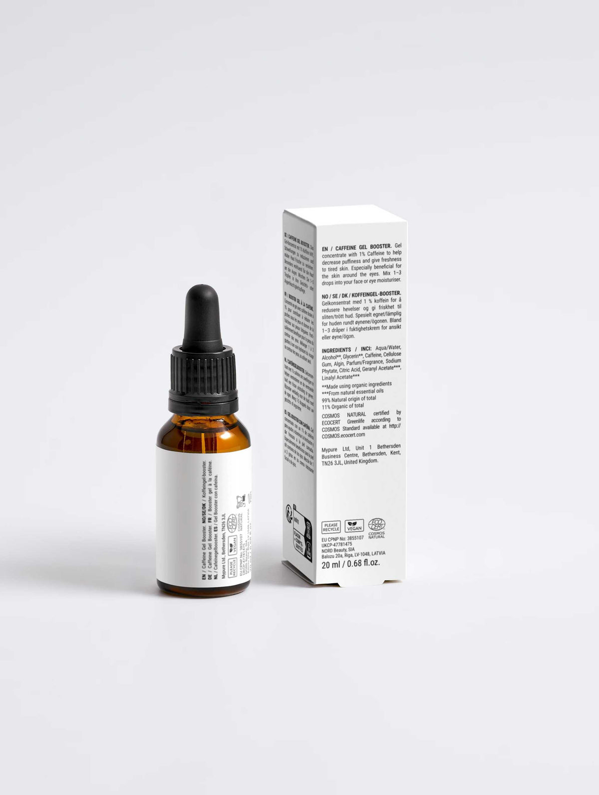 Back view of VMEN’S Caffeine Eye & Face Gel Booster bottle and carton showing the product information.