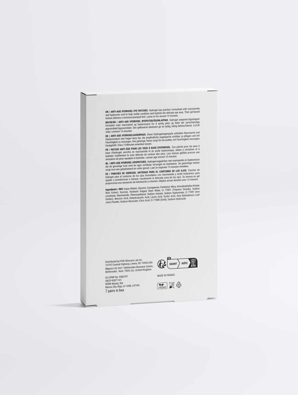 Back of the VMEN’S Anti-Age Hydrogel Eye Patches for Men box showing directions and product information.