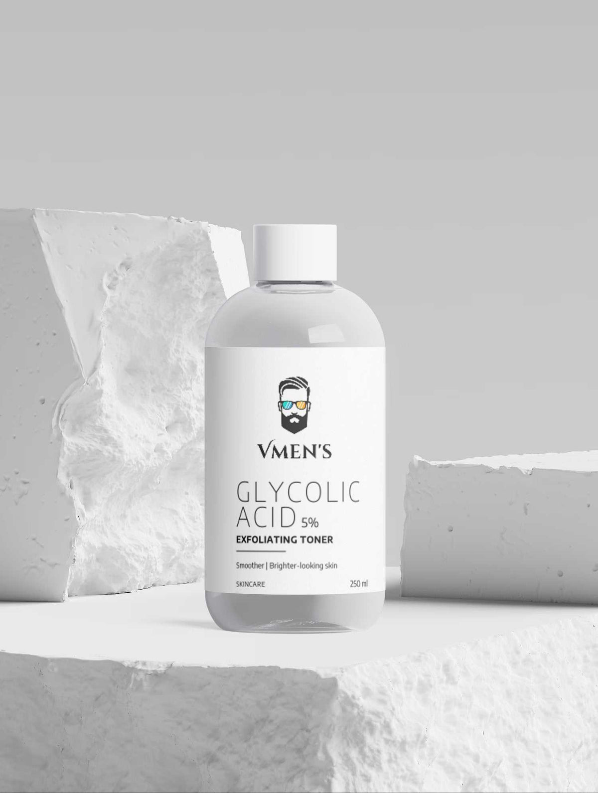 Glycolic Acid Liquid Exfoliator in a frosted clear plastic bottle with white cap and minimalist VMEN&