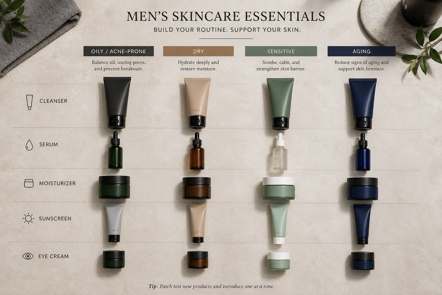 Men's skincare products including cleanser, moisturizer, sunscreen, serum, and eye cream arranged on a neutral surface.