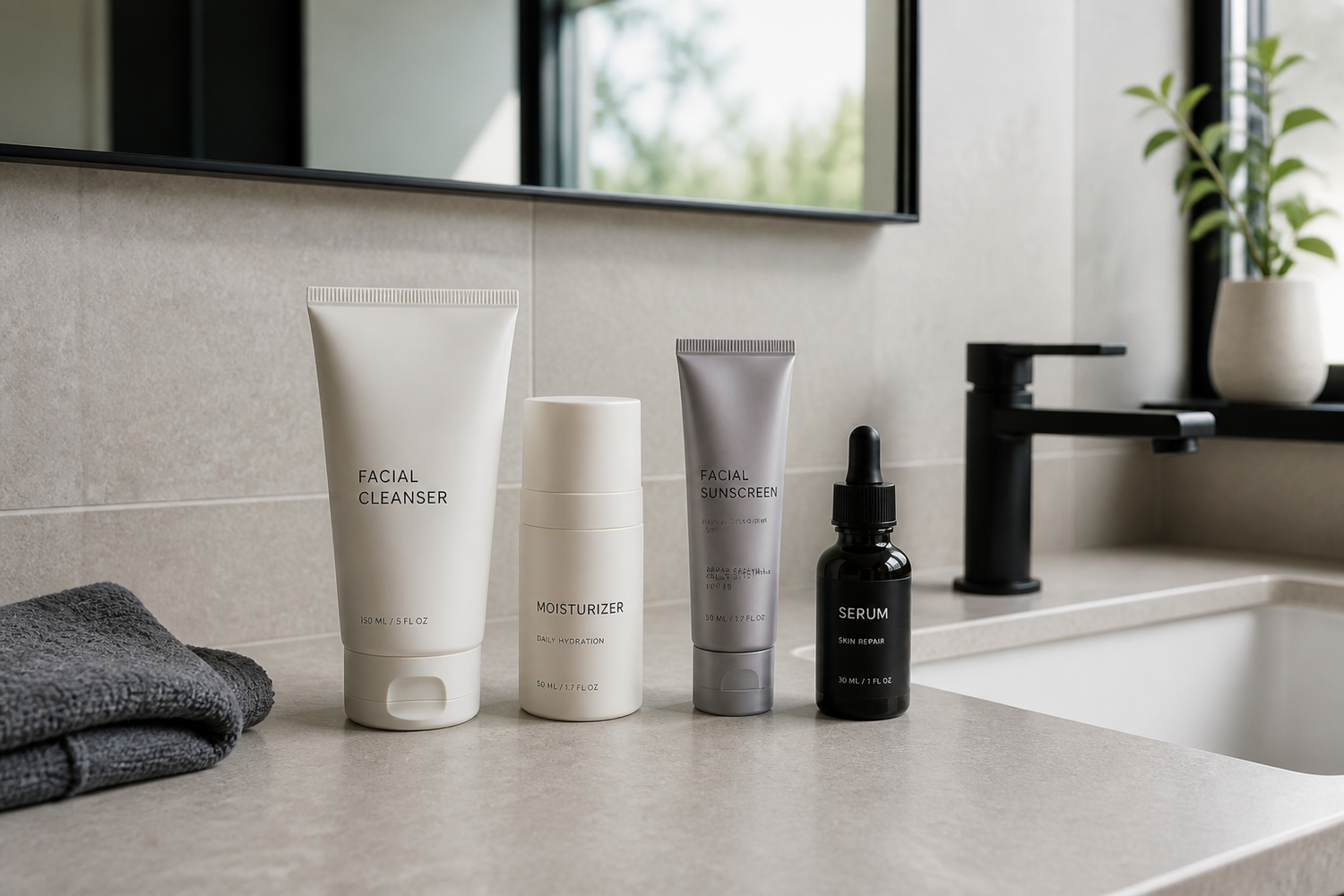 A cleanser, moisturizer, sunscreen, and serum arranged on a bathroom counter beside a sink.