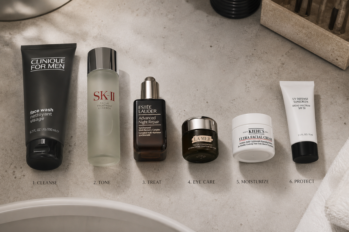 Men's skincare products arranged in order on a bathroom counter: cleanser, toner, serum, eye cream, moisturizer, and sunscreen.