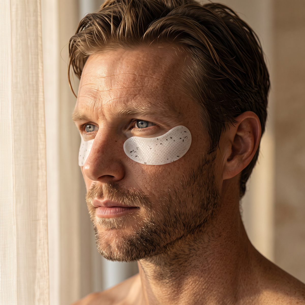 Man wearing VMEN’S caffeine and vitamin C hydrogel eye patches