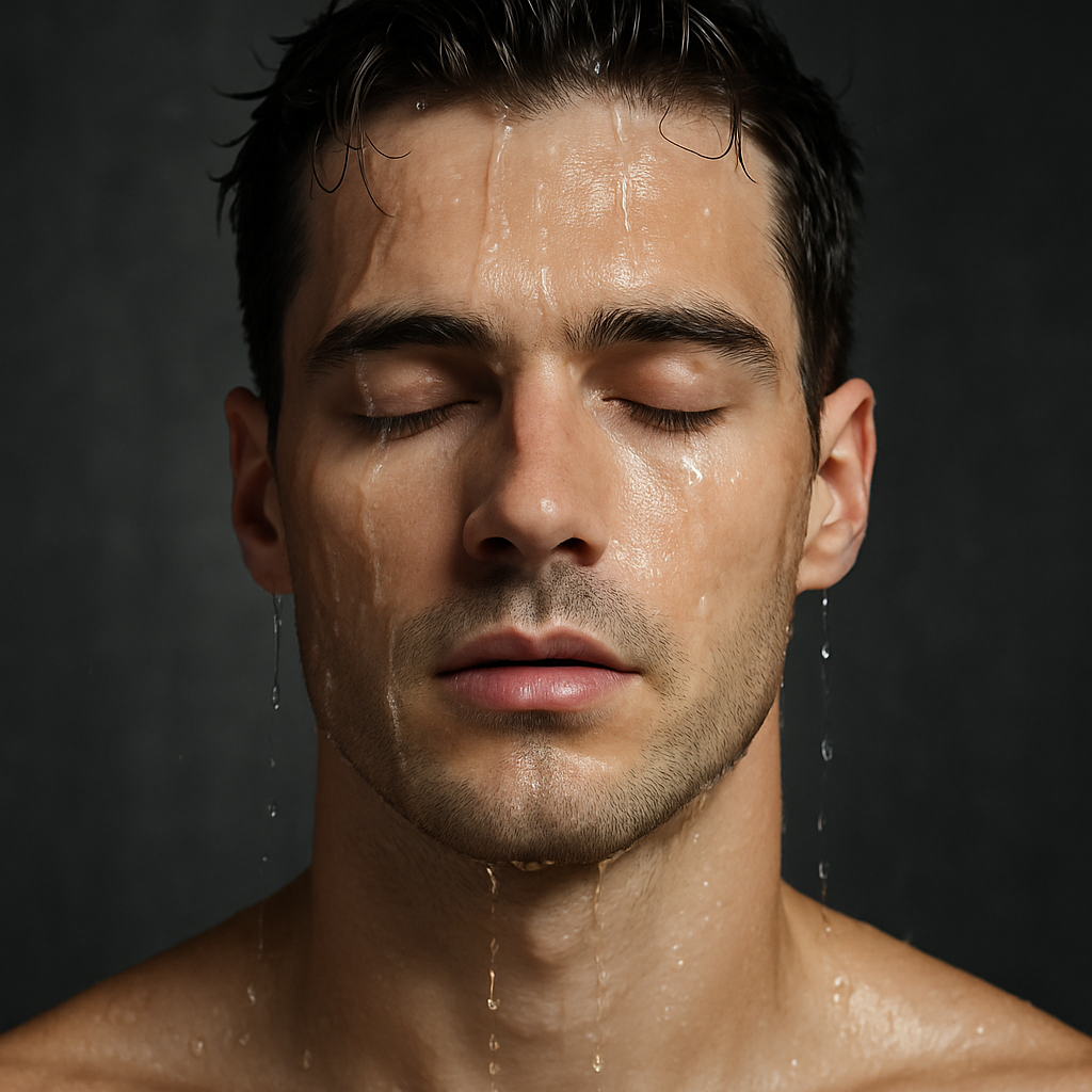 Close-up of a handsome man with water droplets on his face, eyes closed, glowing hydrated skin — representing the refreshing effect of VMEN&