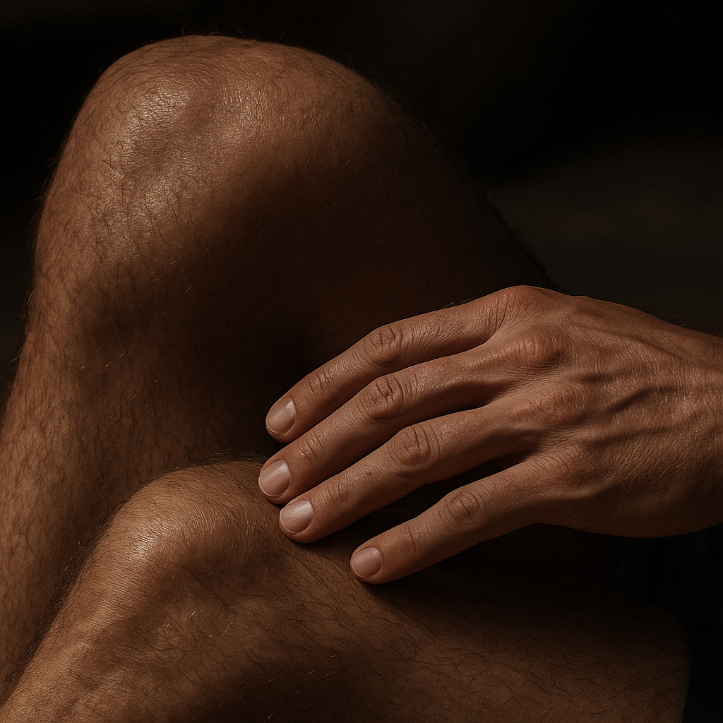 Close-up of a man's hand applying scrub on shoulder, showing exfoliating texture and skin contact