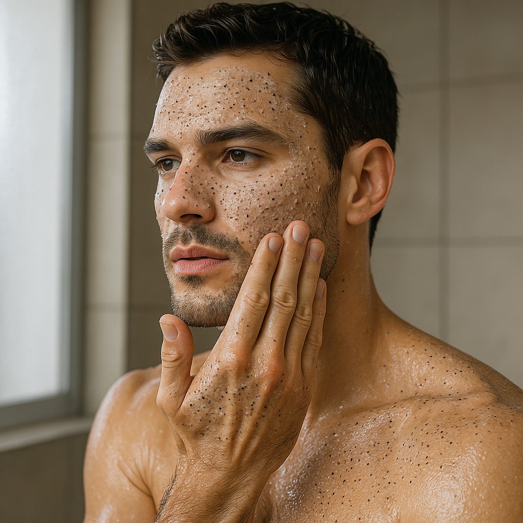 Man looking in the mirror while gently massaging VMEN’S AHA scrub into his cheek