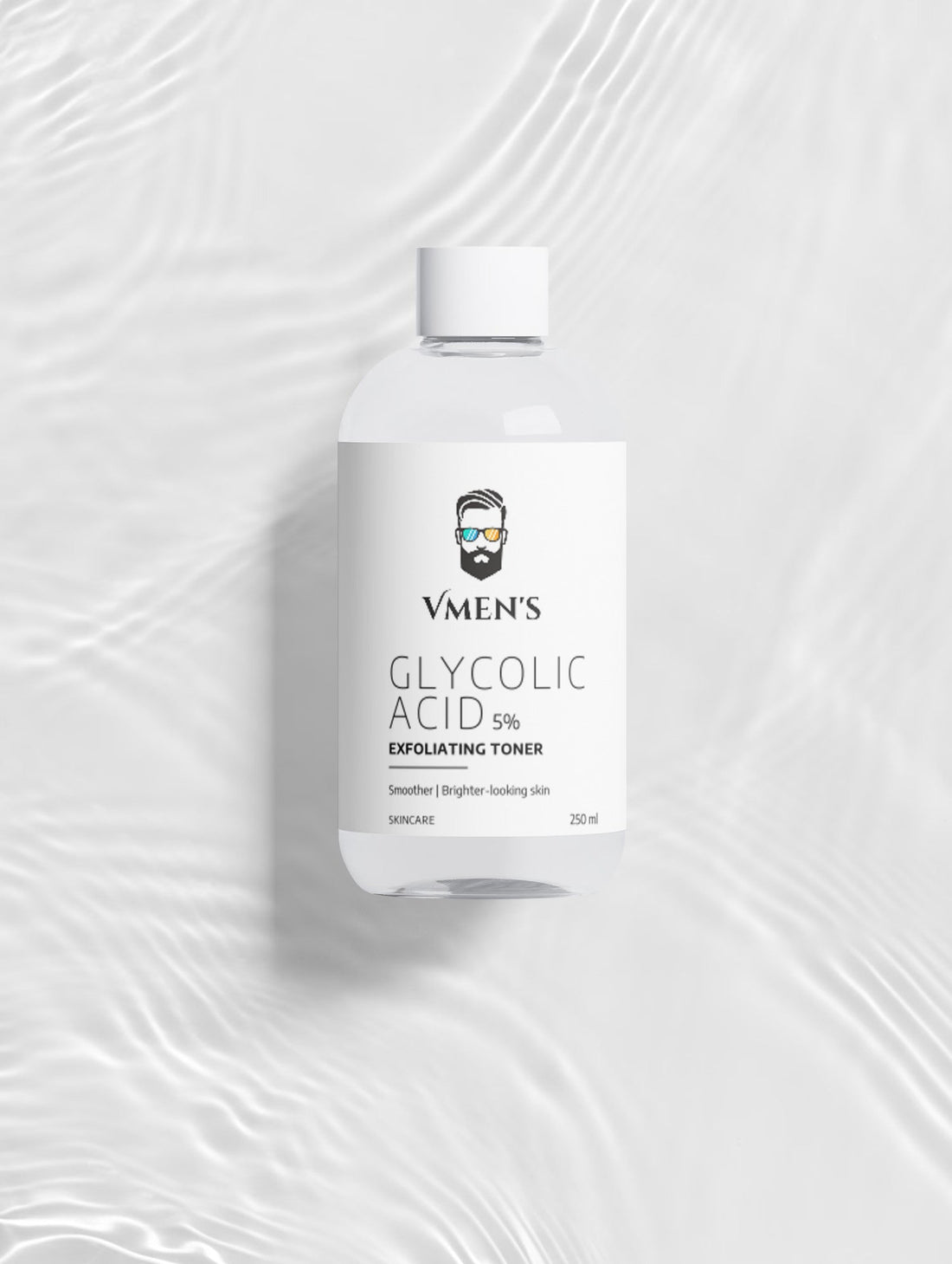 Glycolic Acid Liquid Exfoliator in a clear 250 ml bottle with white cap and minimalist VMEN&