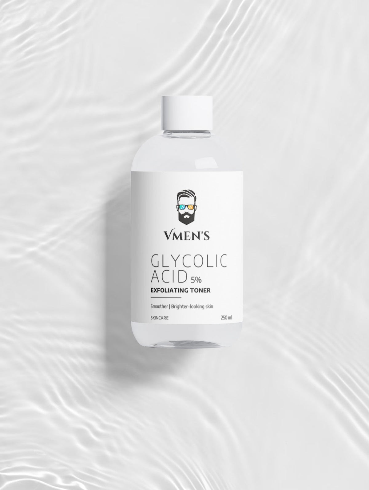 Glycolic Acid Liquid Exfoliator in a clear 250 ml bottle with white cap and minimalist VMEN&