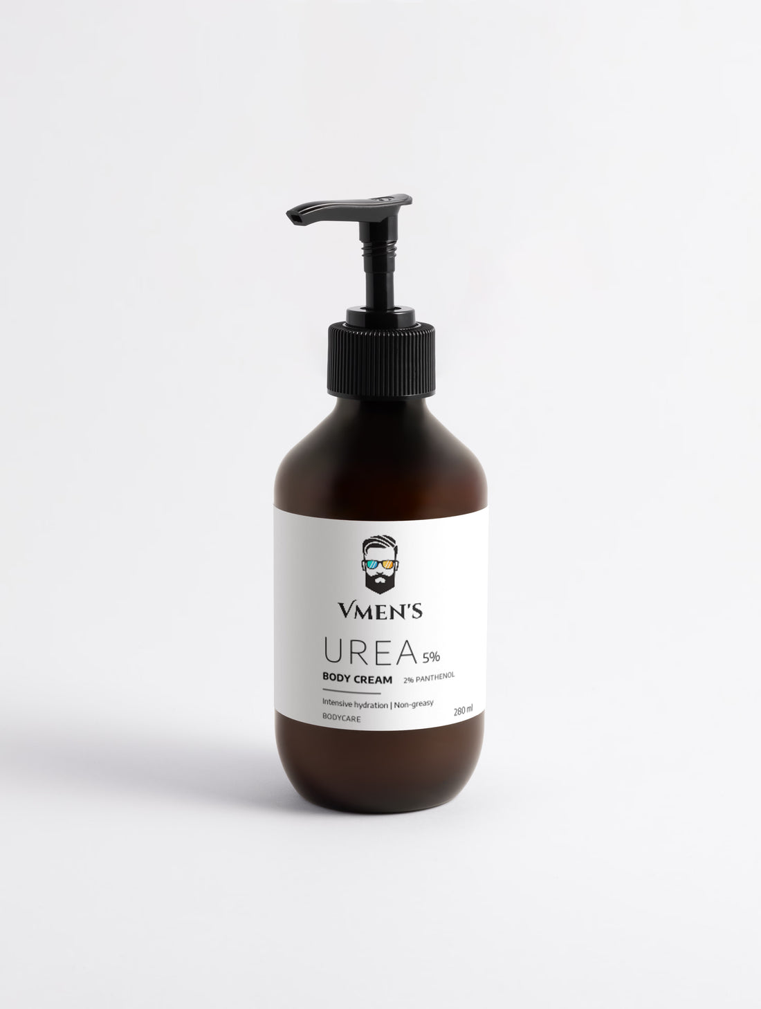 Front view of VMEN’S 5% Hydroxyethyl Urea + 2% Panthenol Body Cream in a brown pump bottle.