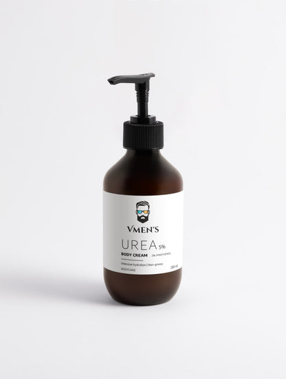 Front view of VMEN’S 5% Hydroxyethyl Urea + 2% Panthenol Body Cream in a brown pump bottle.
