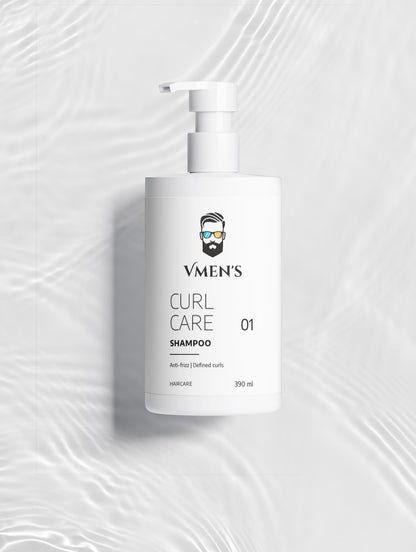 VMEN’S CURL CARE 01 Shampoo bottle viewed from above on a white surface with rippling light.