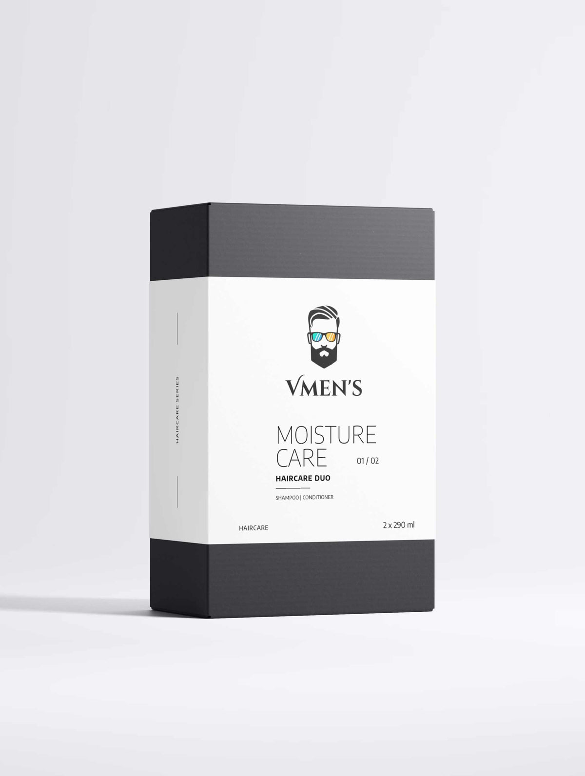 Front view of the VMEN’S Shiny Hair Duo presentation box with its white Moisture Care sleeve.