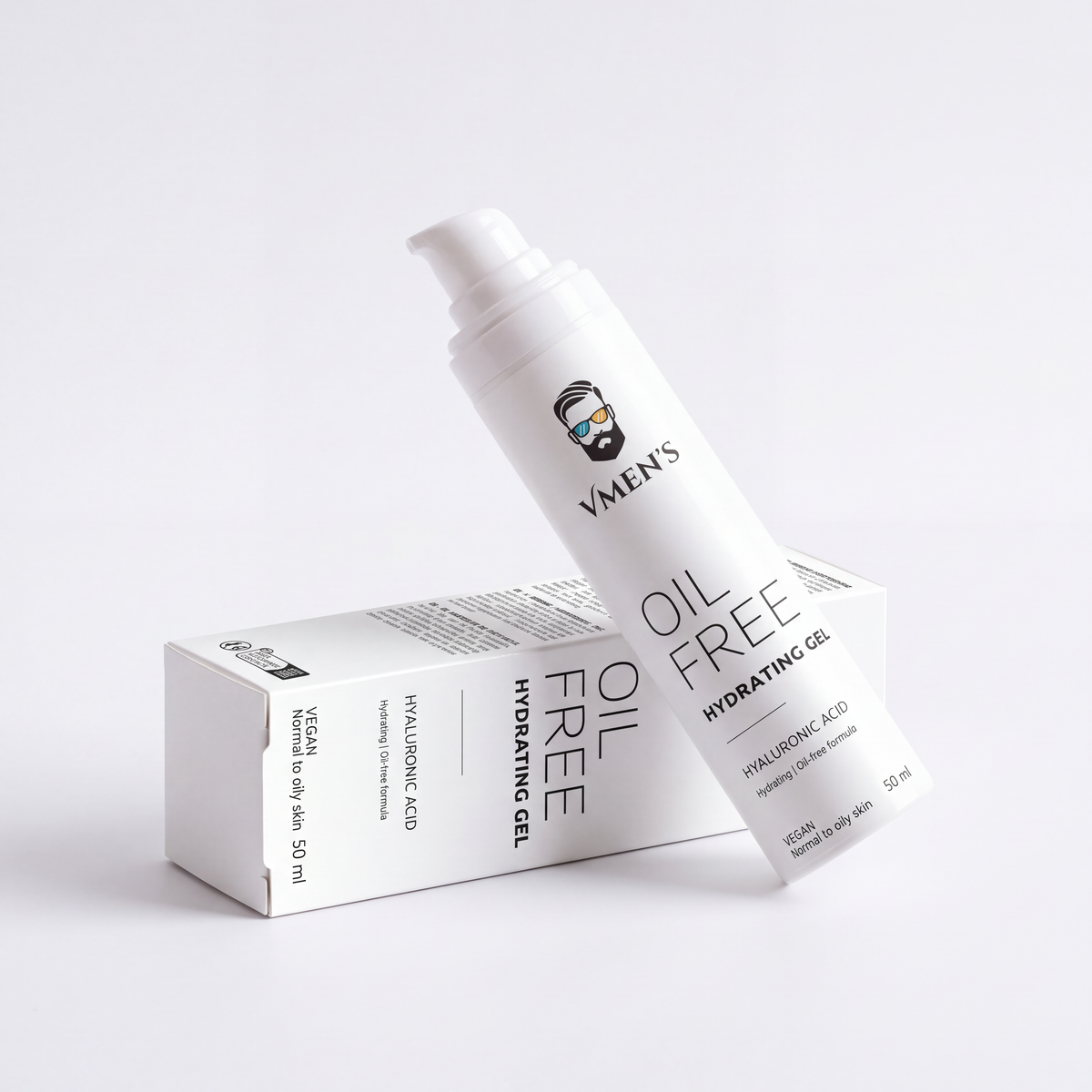 VMEN’S Oil-Free Hydrating Gel for Men, 50 ml white pump bottle angled against its matching box.