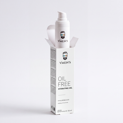 VMEN’S Oil-Free Hydrating Gel for Men, 50 ml pump bottle emerging from its open white carton.