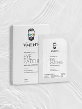VMEN’S Anti-Age Hydrogel Eye Patches for Men box and sachet on a white background with rippling light.