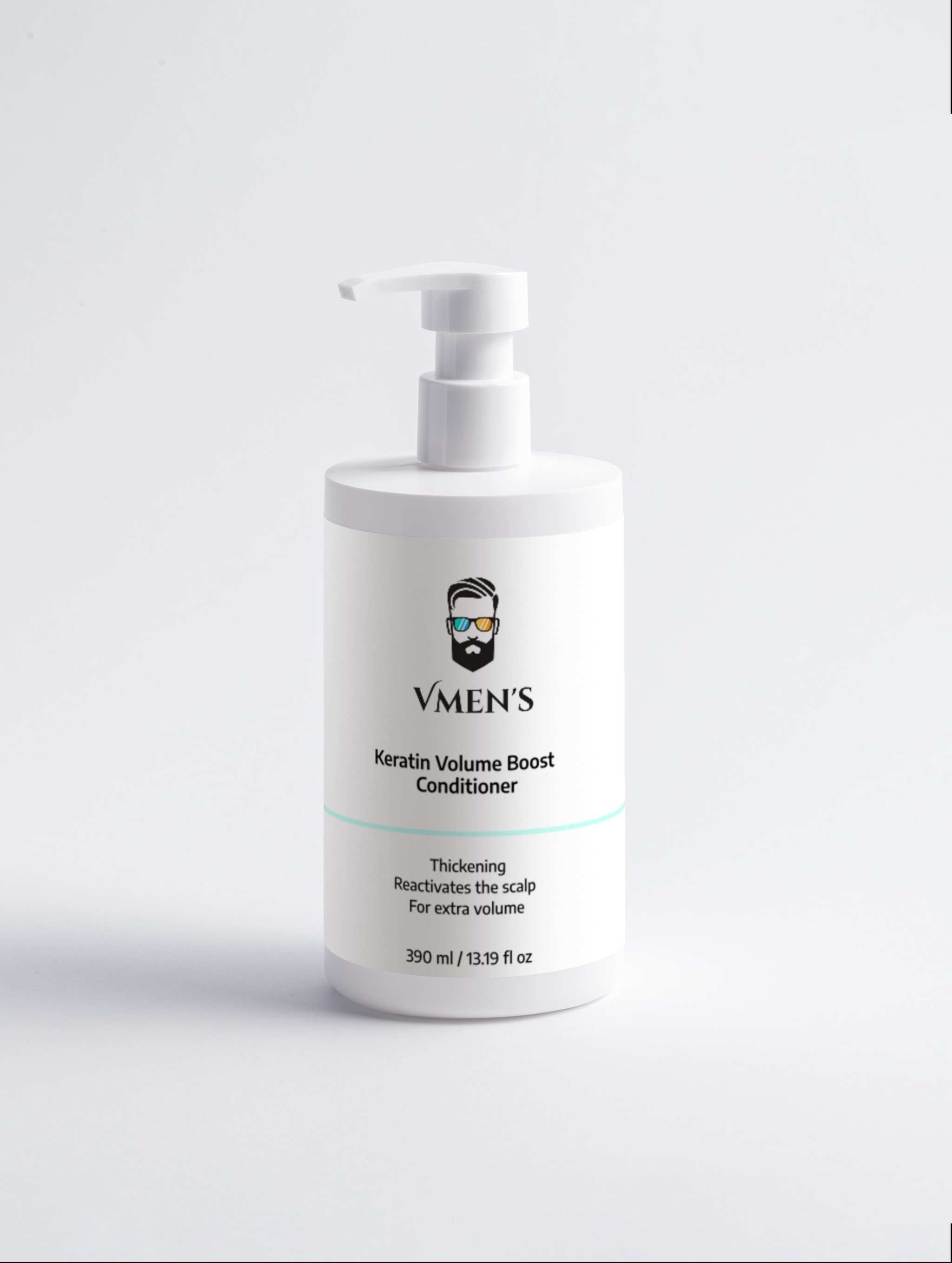 Bottle of Vmens Keratin Volume Boost Conditioner on a light gray background