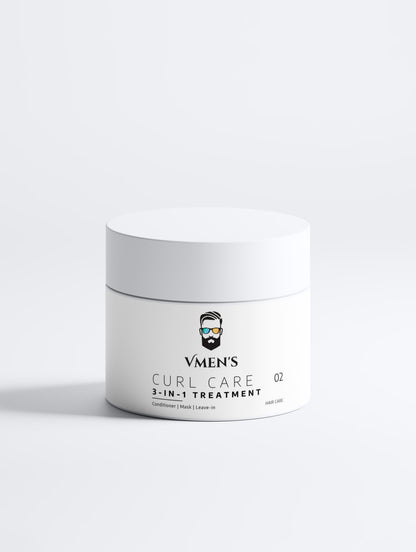 VMEN’S CURL CARE 02 3-in-1 Curly Hair Treatment for Men, 200 ml white jar, front view.