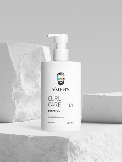 VMEN’S Curly Hair Shampoo for Men displayed among textured white blocks.