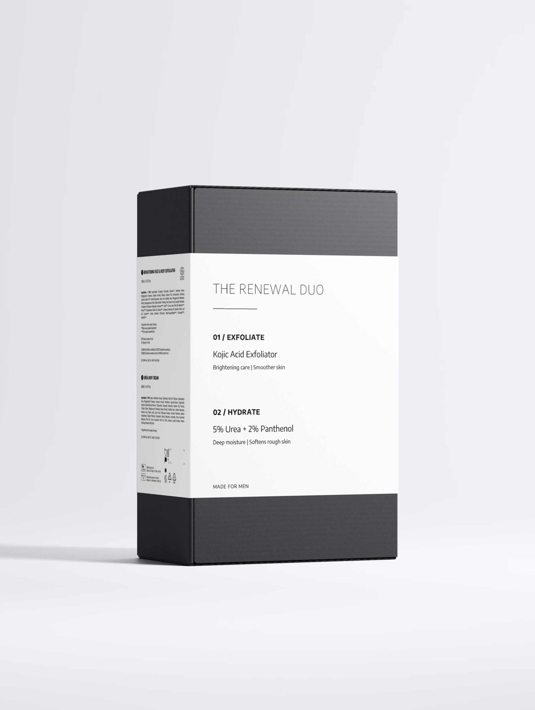 Back of the VMEN’S Derma Renewal Duo box listing the kojic acid exfoliator and urea body cream.
