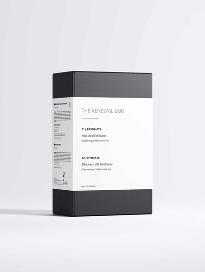 Back of the VMEN’S Derma Renewal Duo box listing the kojic acid exfoliator and urea body cream.