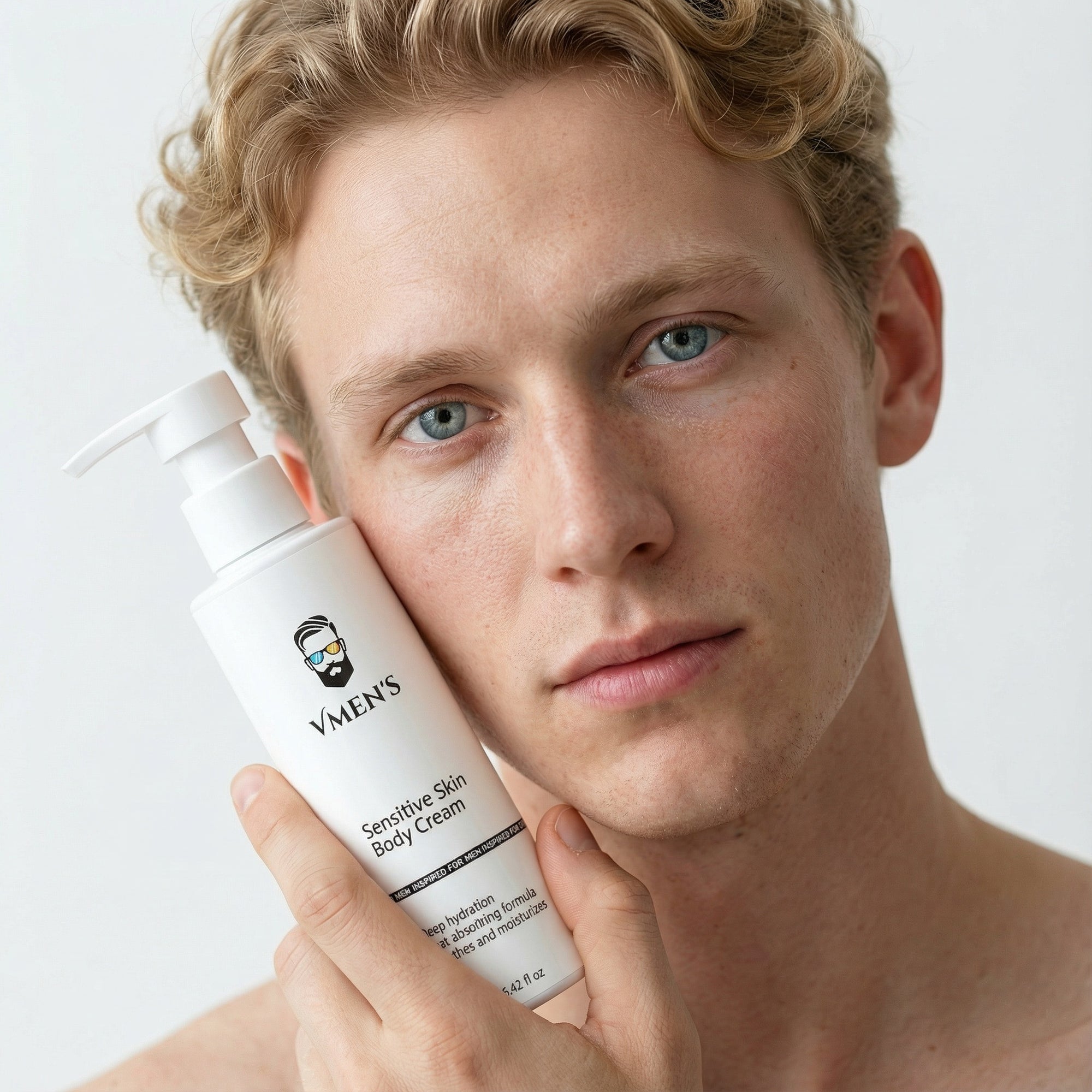 Man holding a bottle of 'Men's' sensitive skin body cream against a white background