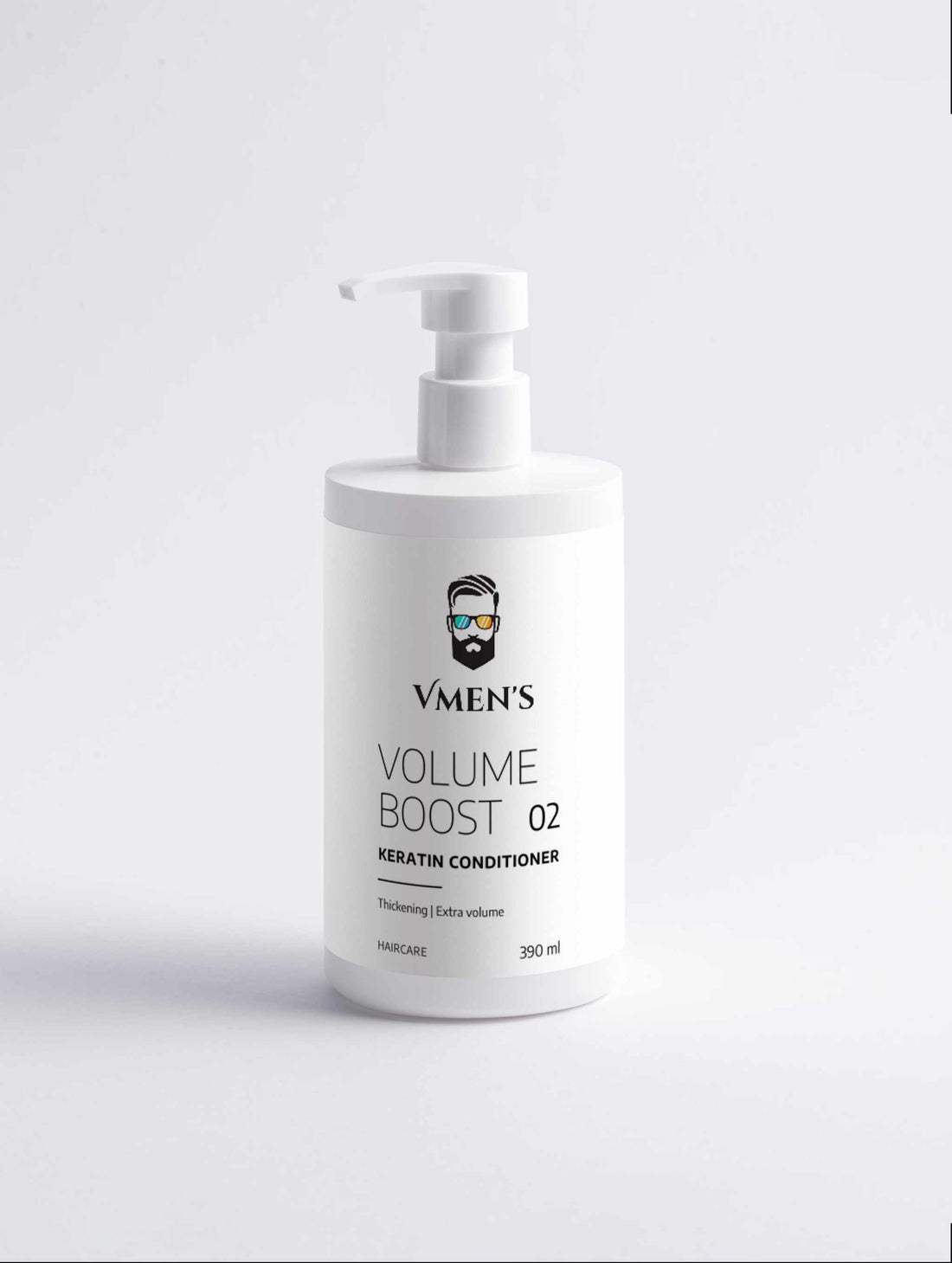 Front view of the white VMEN’S Volume Boost 02 Keratin Conditioner pump bottle.