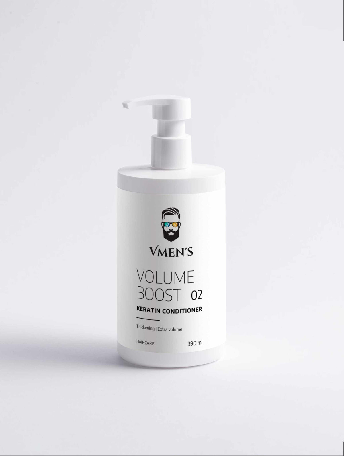 Front view of the white VMEN’S Volume Boost 02 Keratin Conditioner pump bottle.