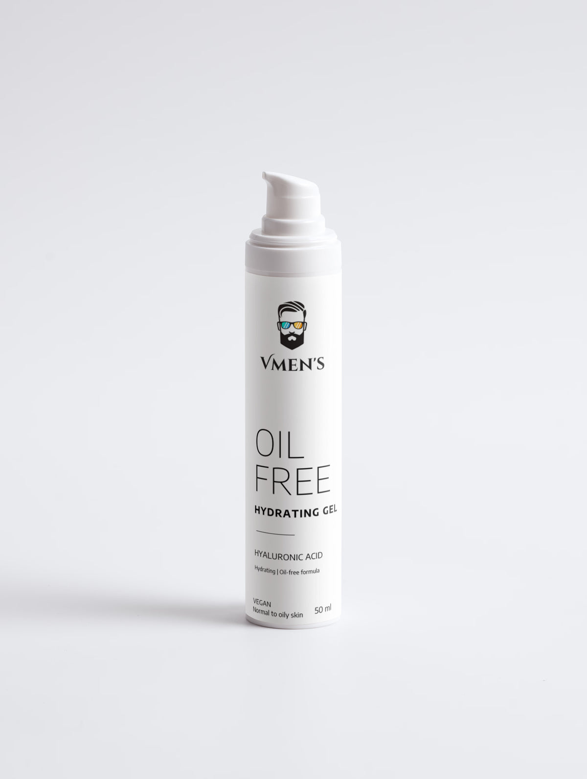 VMEN’S Oil-Free Hydrating Gel for Men, 50 ml white pump bottle with hyaluronic acid, front view.