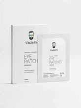 VMEN’S Caffeine + Vitamin C Hydrogel Eye Patches, seven-pair box and individual sachet, front view.