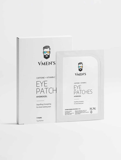 VMEN’S Caffeine + Vitamin C Hydrogel Eye Patches, seven-pair box and individual sachet, front view.