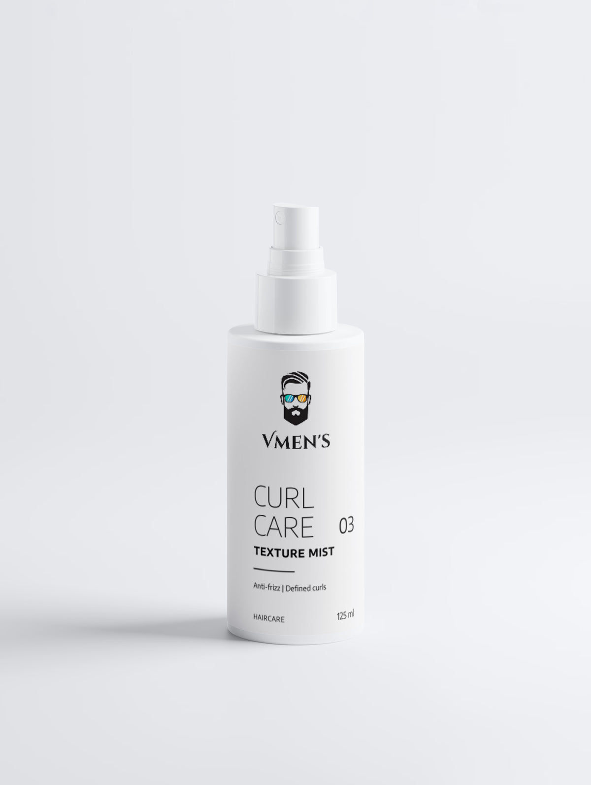VMEN’S CURL CARE 03 Anti-Frizz Curly Hair Texture Mist for Men, 125 ml white spray bottle, front view.