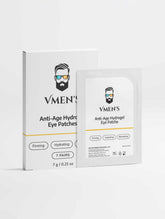 VMEN’S Anti-Age Hydrogel Eye Patches packaging, showing the outer box and an individual packet on a clean white background.