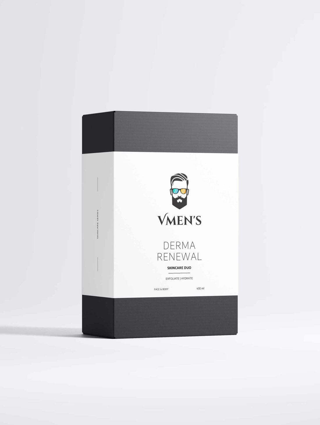 Front view of the VMEN’S Derma Renewal Duo black presentation box with a white sleeve.